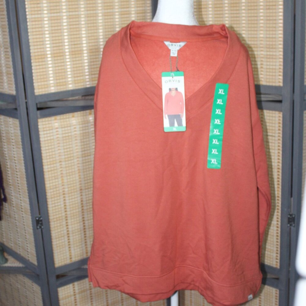 Orvis Orange V Neck Terry Long Sleeve Pullover - Picture 1 of 6